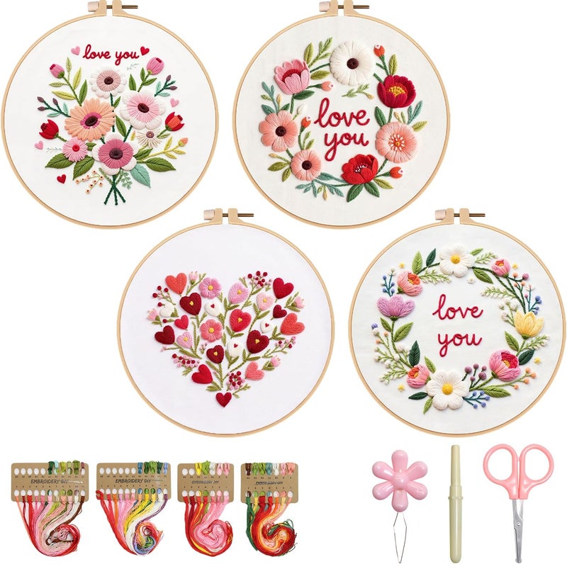 BBLYBD Valentines Embroidery Kit, 4 Set Cross Stitch Craft Kits for Beginners with Pre-Printed Embroidery Fabric, Hoops, Step-by-Step Instructions, Color Threads & Needles (Valentines-4 Set) - Image 1